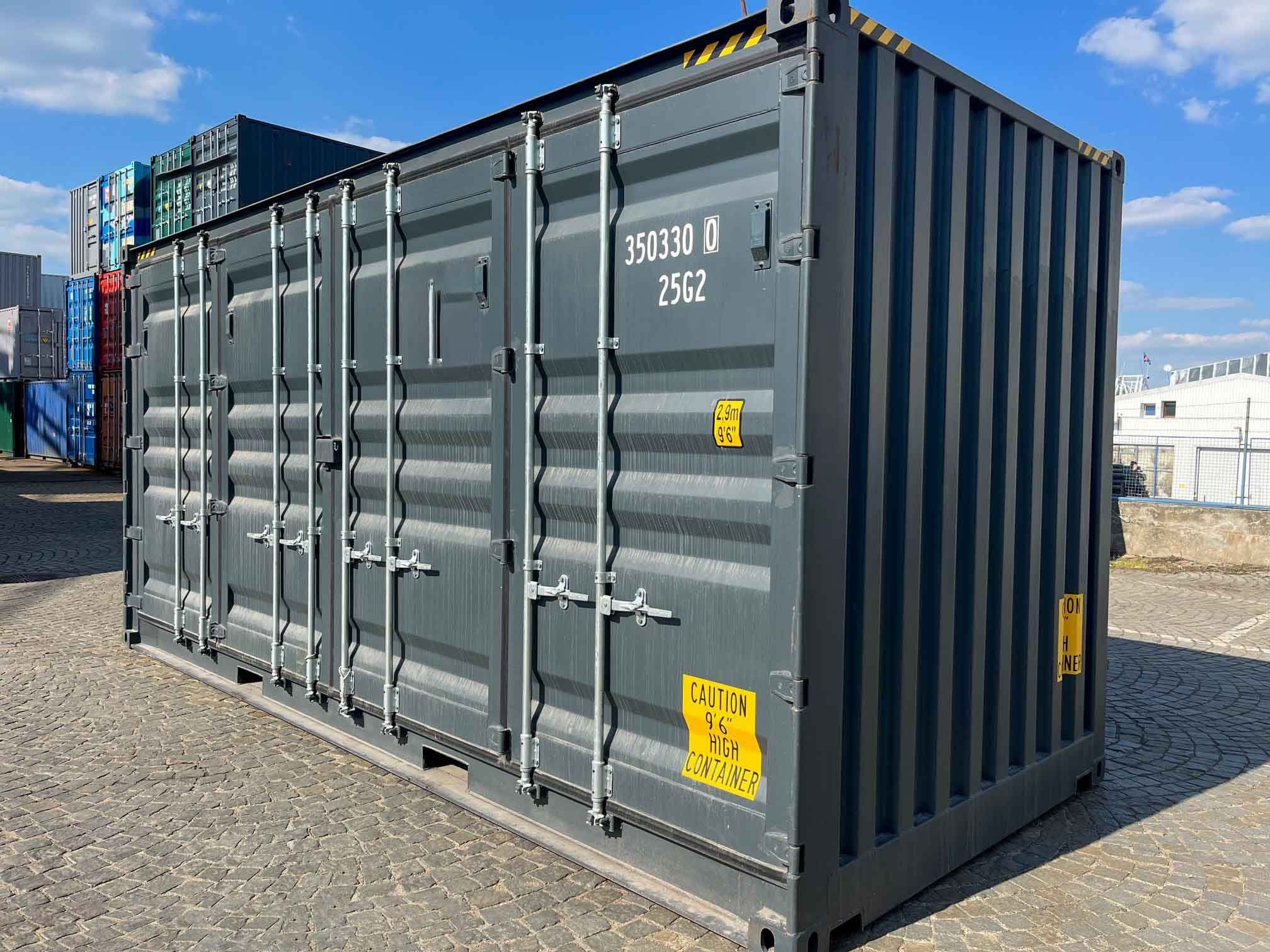 20' stopowy kontener typu High Cube z otwartym bokiem, kolor antracytowo-szary — Szary antracytowy · RAL 7016 — 2